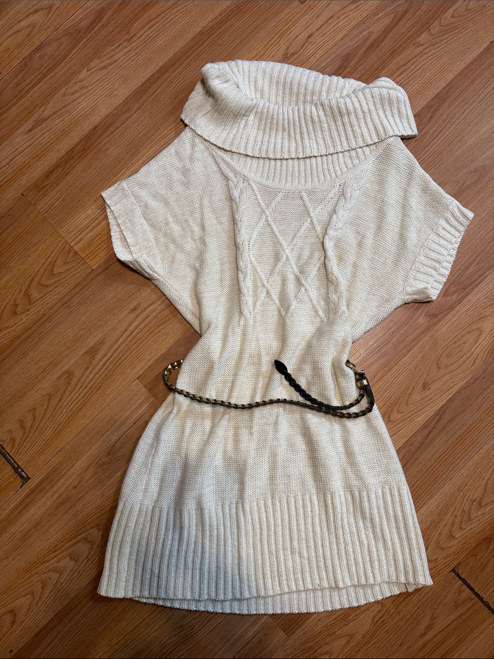 lei Cream Ribbed Cable-Knit Turtleneck Sweater Dress with reversible belt